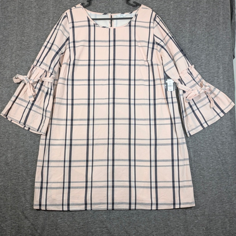 Crown & Ivy Shift Dress Pink Black Plaid 100% Cotton 3/4 Bell Sleeve Sz XXL NWT